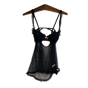 Victoria’s Secret Black Pink Ruffle Sheer Babydoll Top Lingerie Size 36C